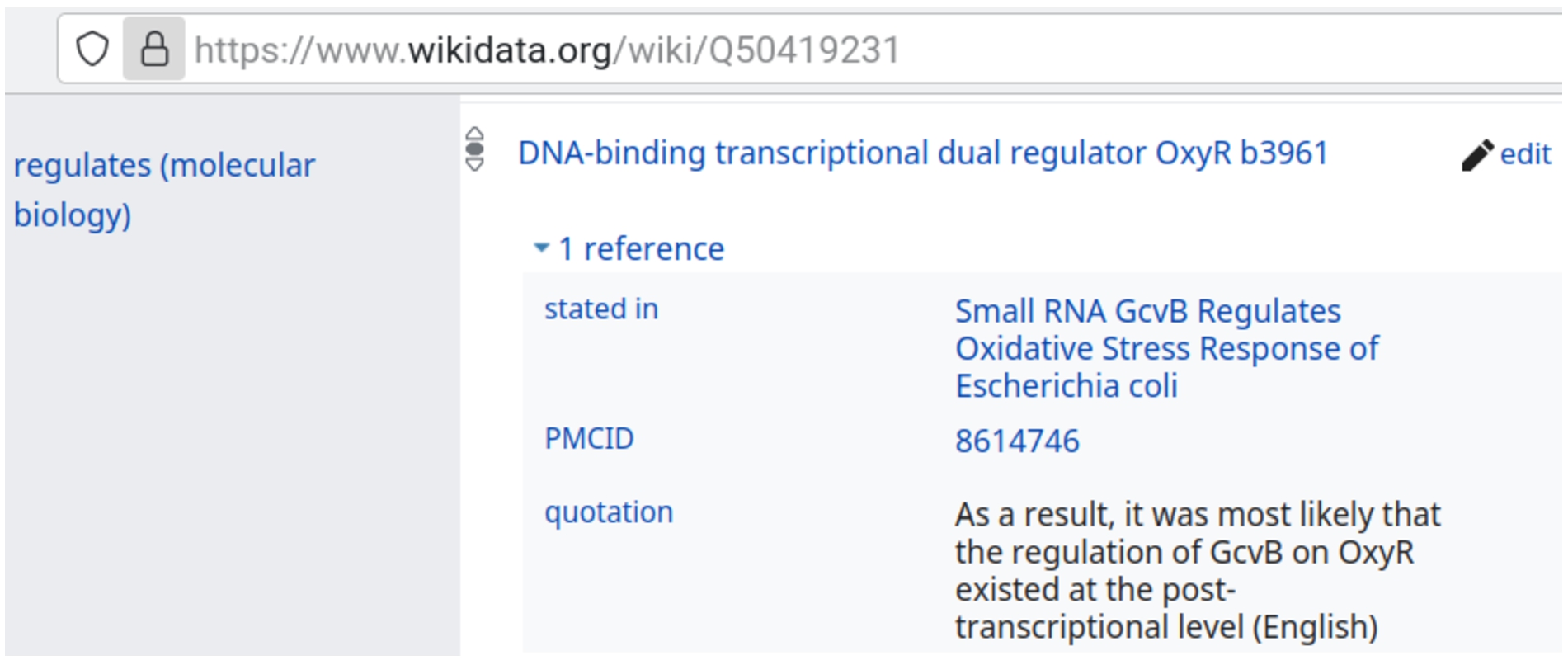 The sRNA encoded by gcvB (Q50419231) as an example of a citation at the statement level.