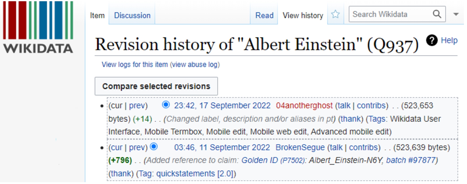 ‘View History’ tab of Albert Einstein (Q937) on 20 September 2022. The second record shows an addition of a reference to a claim.