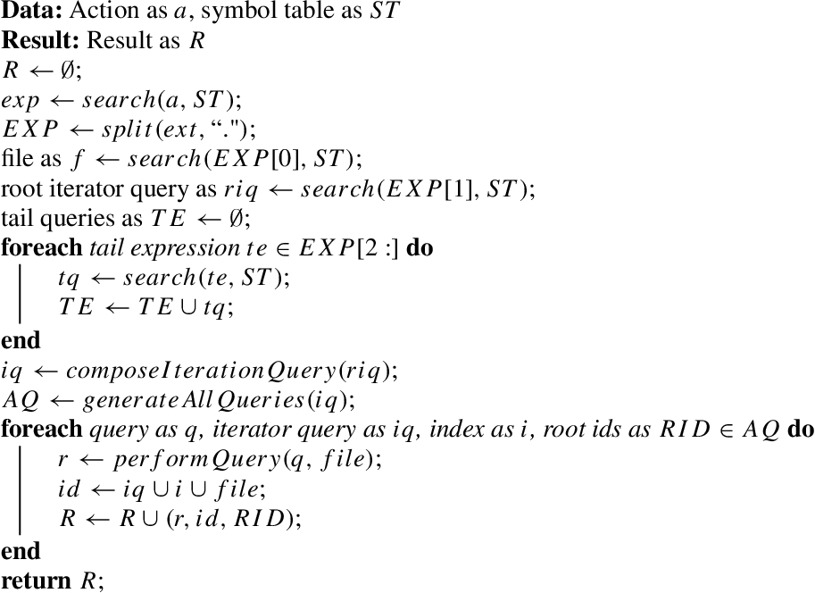 Algorithm to evaluate the expressions and perform the queries, used in Algorithm 1 as resolveAction(a)