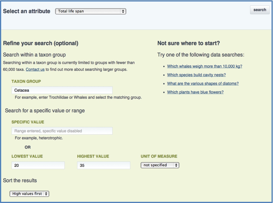 The EOL data search interface for TraitBank, accessible at http://eol.org/data_search.