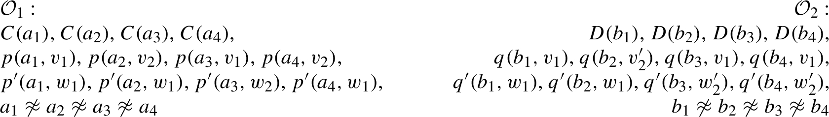 Two ontologies O1 and O2 such that O1∪O2∪{({⟨p,q⟩,⟨p′,q′⟩}linkkeyinw⟨C,D⟩)} is consistent, whereas O1∪{({p,p′}keyinC)} and O2∪{({q,q′}keyinD)} are inconsistent.