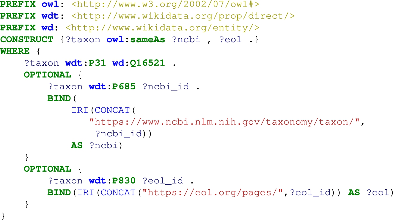 Construct taxon mapping between Wikidata and, NCBI and EOL. wd:Q16521 is the class of all taxa, while wdt:P31, wdt:P685 and wdt:P830 are the relations instance of, NCBI Taxonomy ID and Encyclopedia of Life ID, respectively