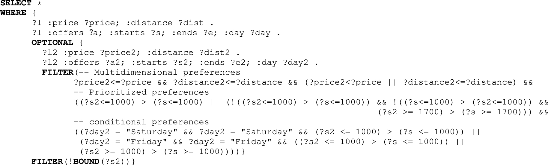A sample SPARQL translated qualitative preference query for booking a PCR appointment. The query identifies cheaper and closer laboratories with earlier appointments before 10:00 or after 17:00 on Friday or Saturday by means of a nested SPARQL query.