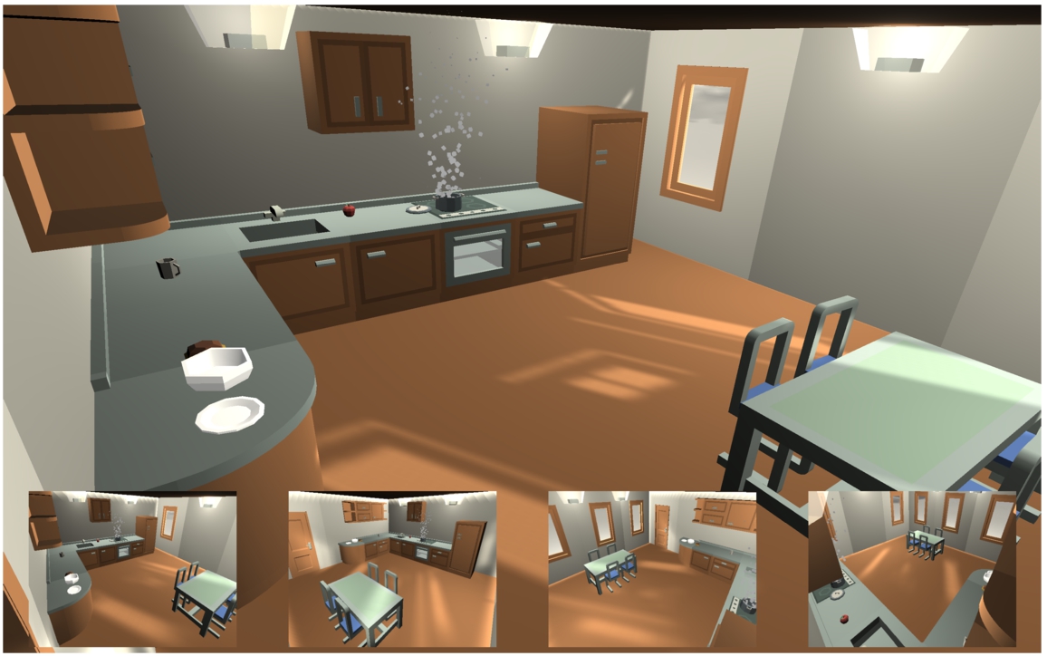 The kitchen scene. All objects – chairs, bowls, pots, cupboards, etc. – have semantic labels aligned with SOMA and unique identifiers, e.g., <urn:cup_0>.