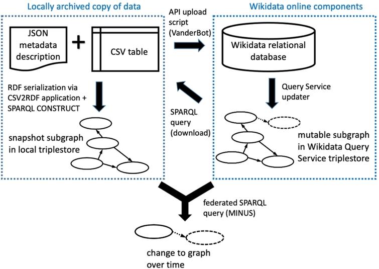Key components and interactions described in this paper. The Wikimedia Foundation hosts the online components with data maintained by the user community. Users may keep a local set of data in order to upload new data to Wikidata via the API, or as downloaded archival subgraph snapshots generated using the Query Service. A federated SPARQL query can be used to compare online and local subgraphs.