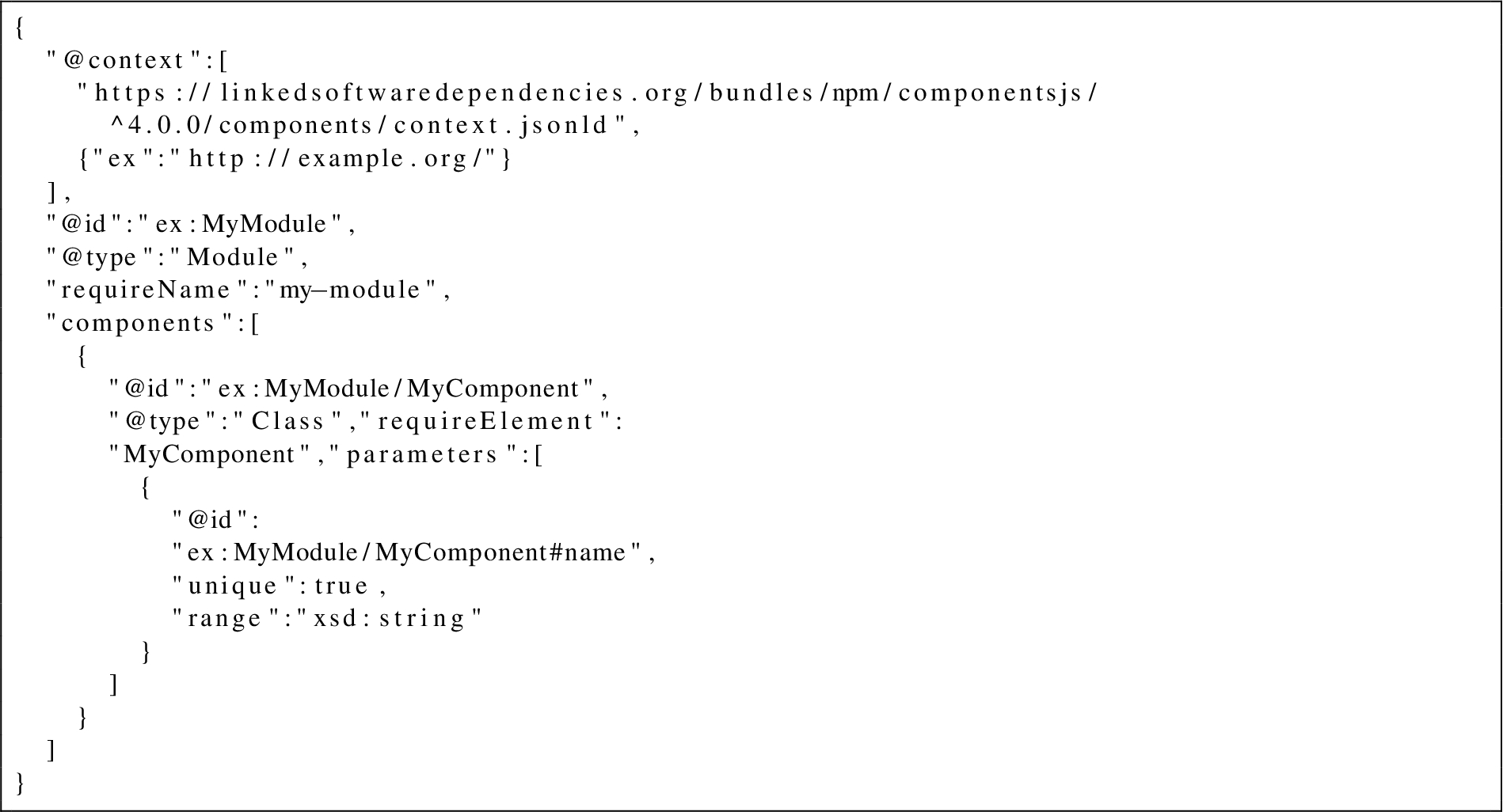 A description of a module ex:MyModule with a single component using the JSON-LD serialization, compacted with the https://linkedsoftwaredependencies.org/bundles/npm/componentsjs/^4.0.0/components/context.jsonld context.