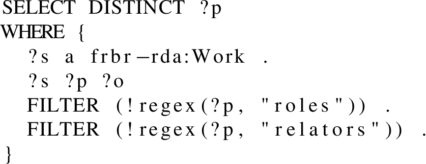 A SPARQL query to retrieve the different properties used by the class frbr-rda:Work. The FILTER instructions exclude the roles and relators properties