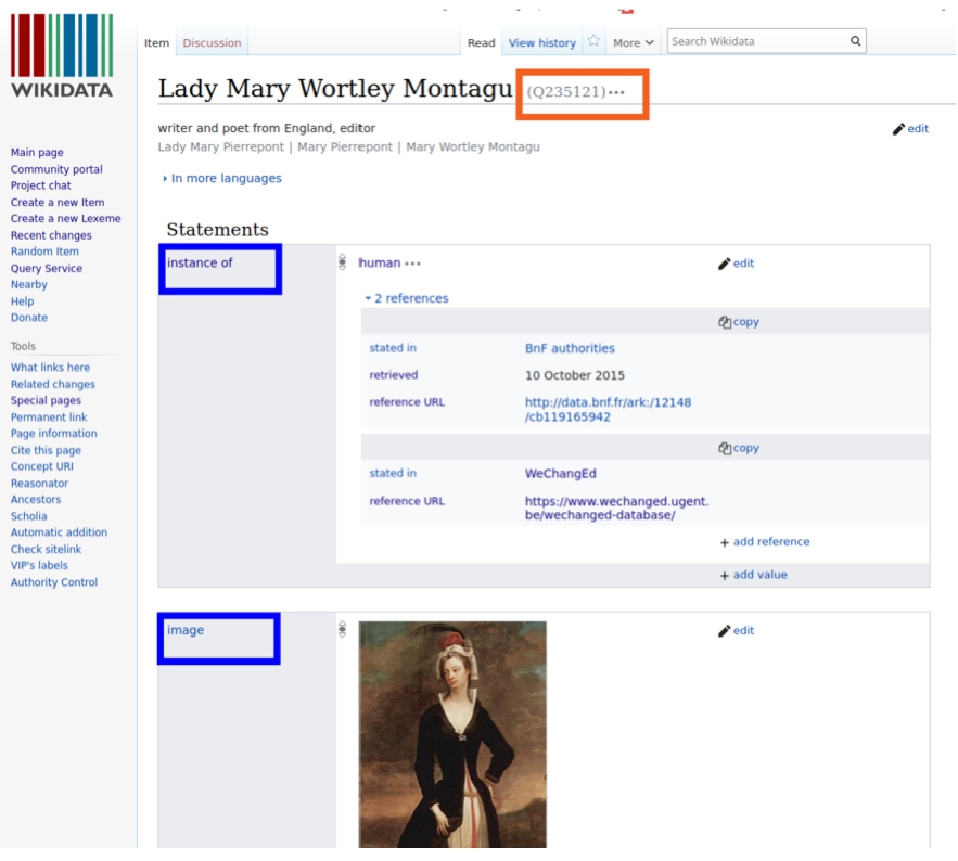 Screenshot of the item for Lady Mary Wortley Montagu in Wikidata.