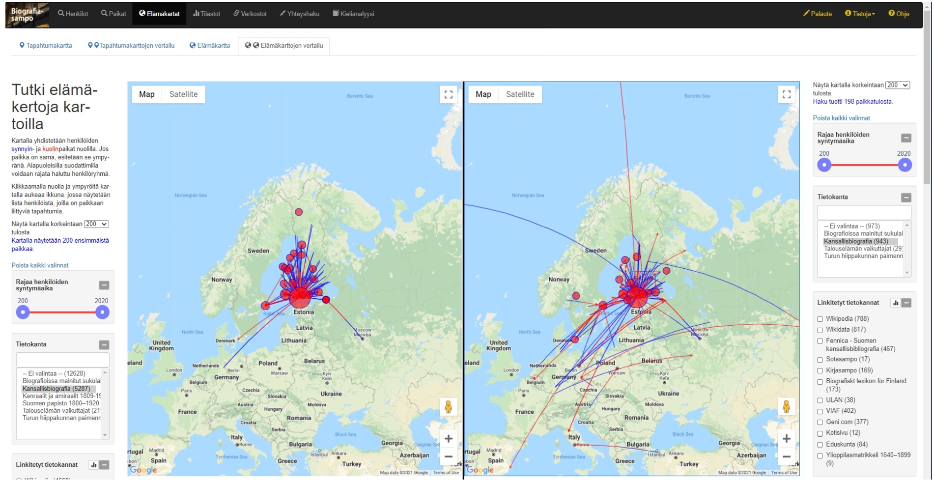 Comparing life maps of male (left) and female (right) biographees in the NBF in the BiographySampo portal.