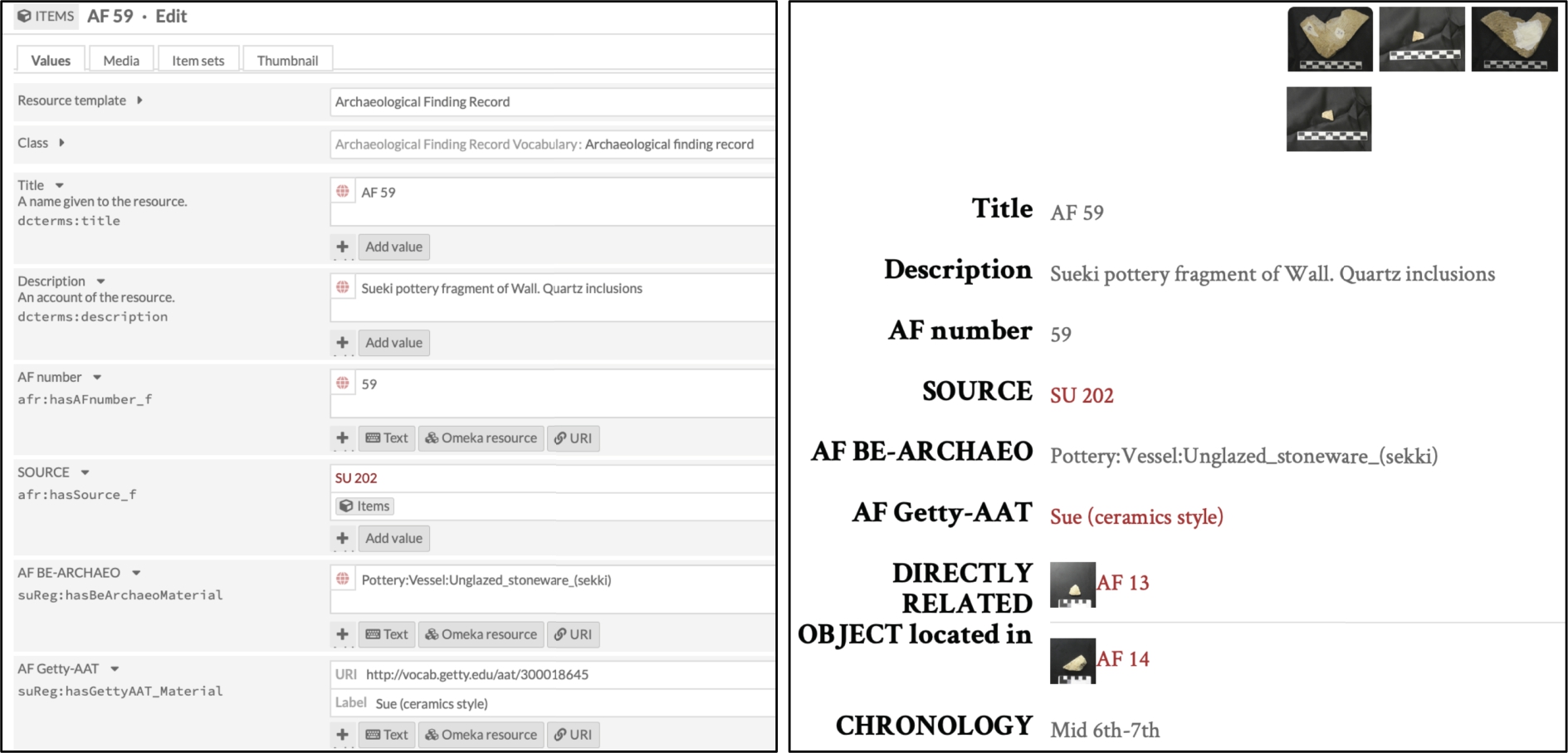 Screenshot from the BeArchaeo resources website, concerning the archaeological finding no. 59, with the related fields and media. On the left, the back end; on the right, the front end. Elements in red are links to other elements of the documentation (e.g., Stratigraphic Unit 202) or to some external knowledge source (e.g., Getty AAT thesaurus).