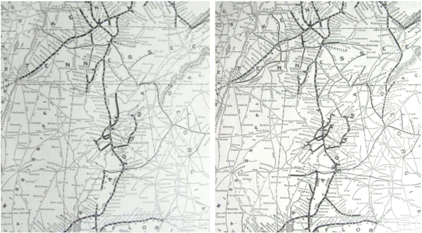 New Albany (OH) and Chicago (IL) railroad system maps in 1886 (left) and 1904 (right).