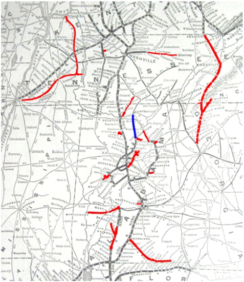 Visual representation of the change in the New Albany (OH) and Chicago (IL) railroad system between the years 1886 and 1904; additions are in red, removals are in blue.
