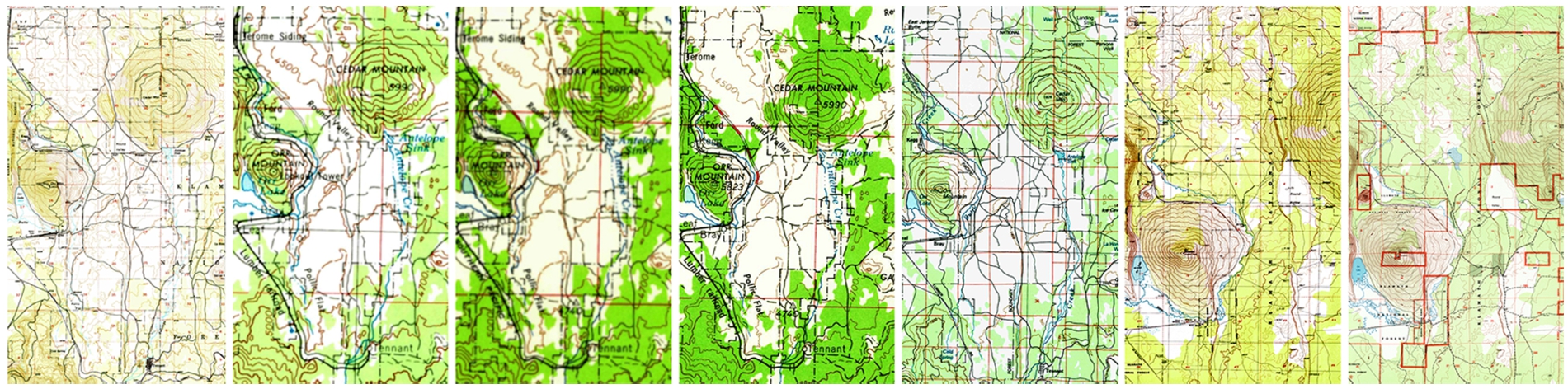 Historical maps of Bray, California from 1950, 1954, 1958, 1962, 1984, 1988 and 2001 (left to right, respectively).