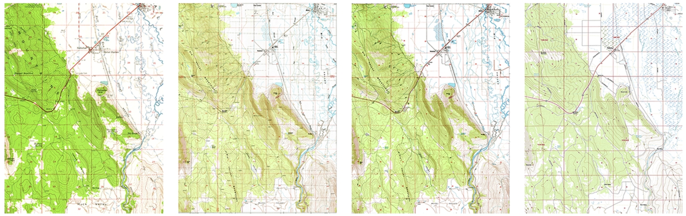 Historical maps of Bieber, California from 1961, 1990, 1993 and 2018 (left to right, respectively).
