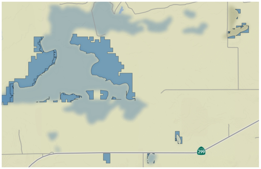 Example of wetland changes over time: the parts of the Big Swamp in Bieber (CA) that are present in 1961 but are not present in 2018 are marked in dark blue, emphasizing its decline throughout time.