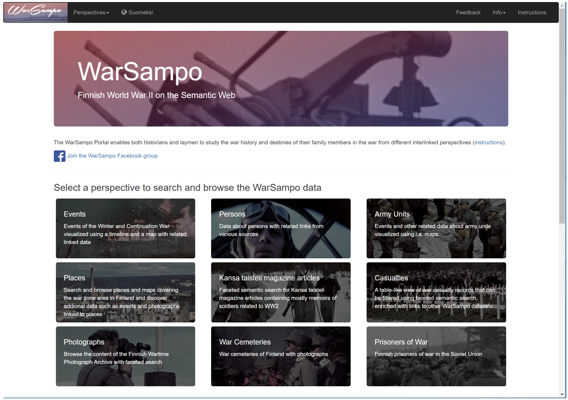 Landing page of WarSampo with nine application perspectives.