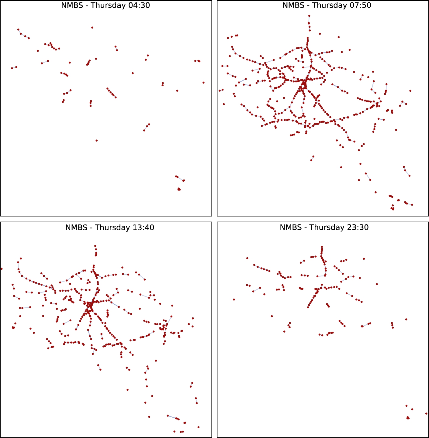 Network graph snapshots of the Belgian train pt operator NMBS, taken over the busiest day of their timetable. It can be observed how the topological structure of the network varies throughout the day, in particular showing a higher amount of connections between stops during peak hours.