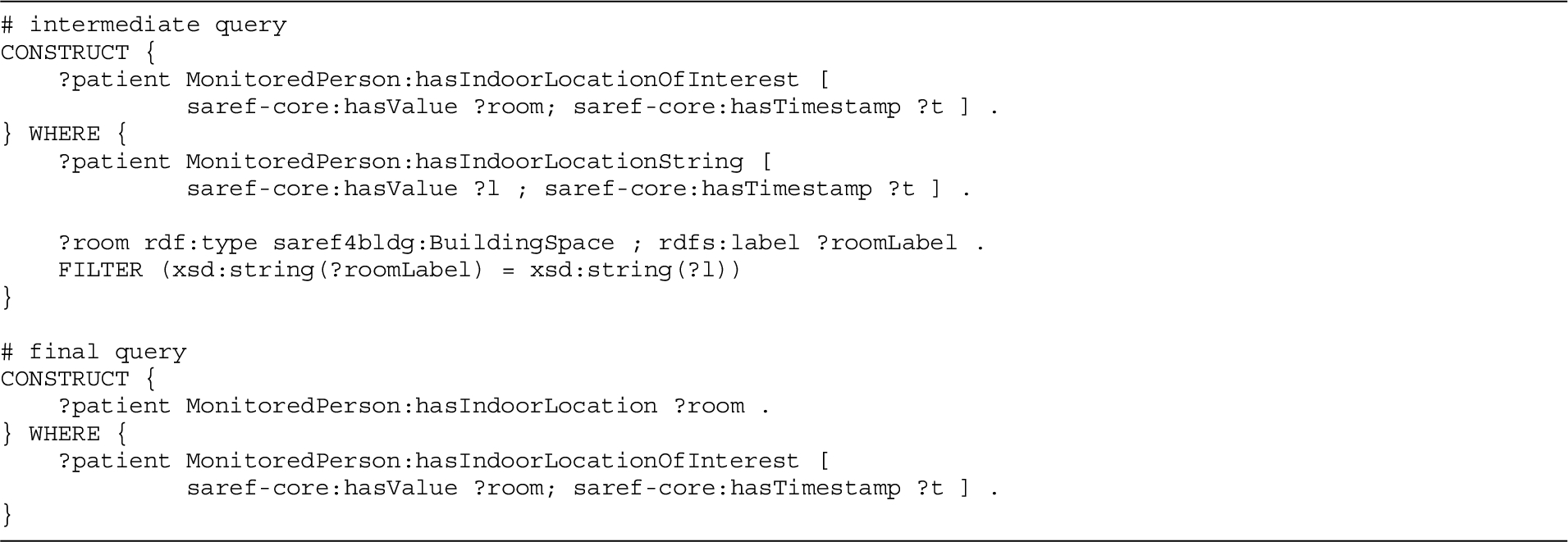 Example of intermediate query and final query in the end user definition of the DIVIDE query that performs the monitoring of the patient’s location in the home. The solution modifier of the final query would be ORDER BY DESC(?t) LIMIT 1 to retrieve the most recent location only.