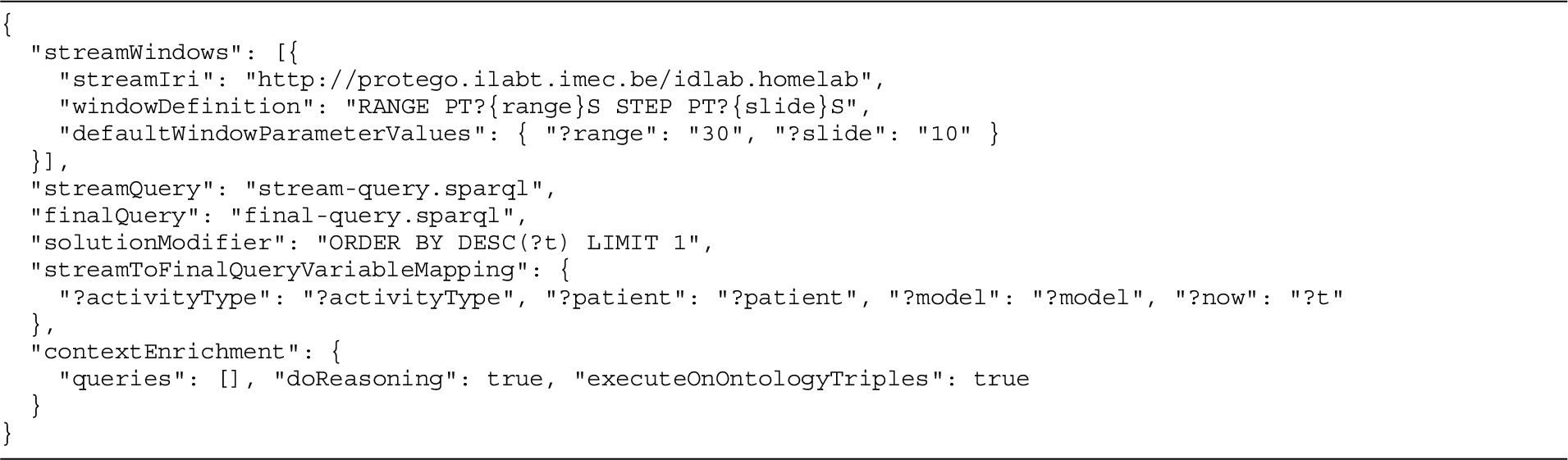 End user definition of the DIVIDE query of the running example that performs the monitoring of the showering activity rule. The content of the file named stream-query.sparql is presented in Listing 12, the content of the file named final-query.sparql is presented in Listing 13.