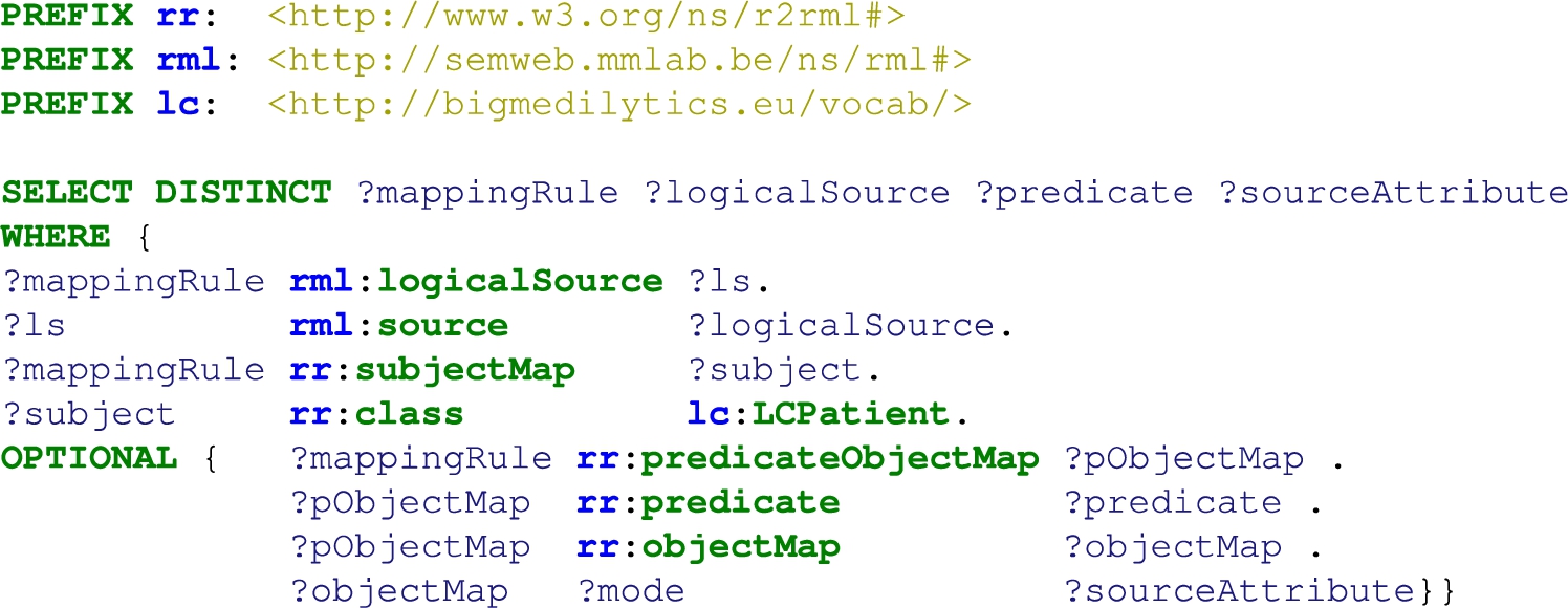 SPARQL query to retrieve RML mapping rules defining the class LCPatient