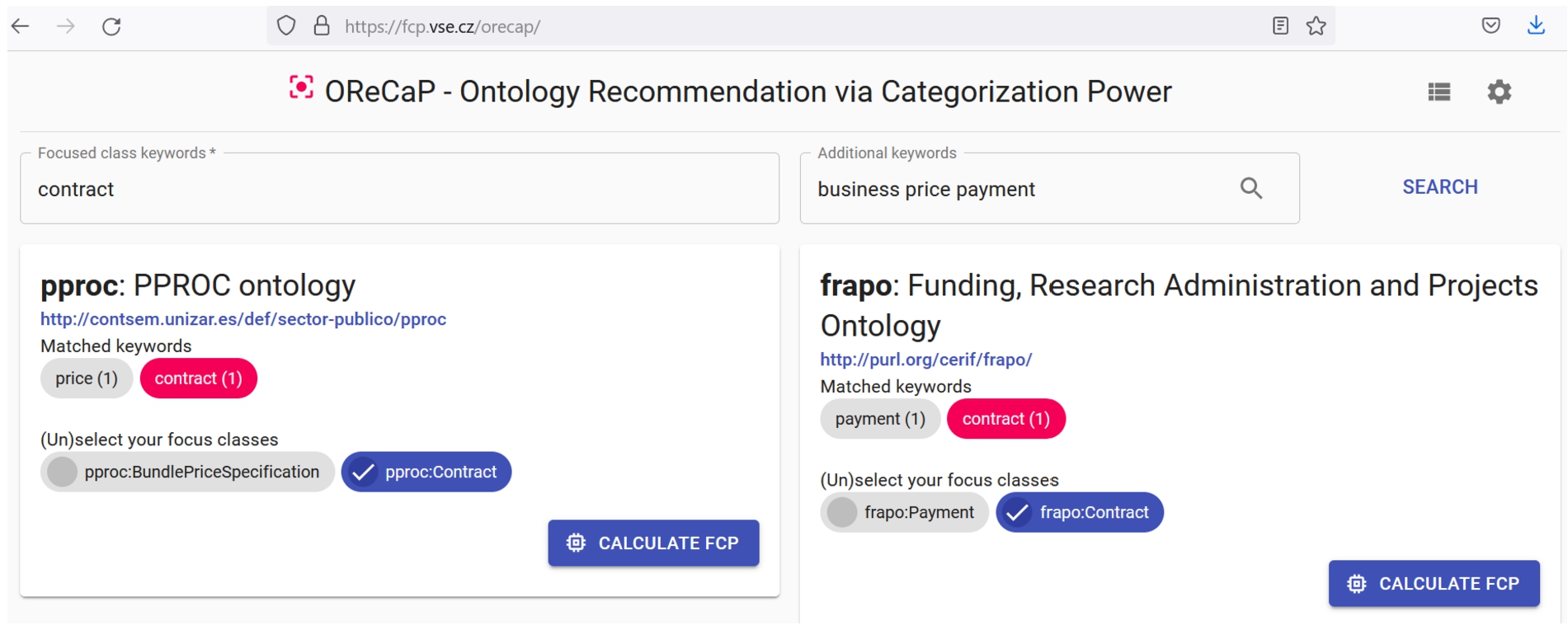 OReCaP interface: two ontologies found via keyword search, with focus class and additional match.