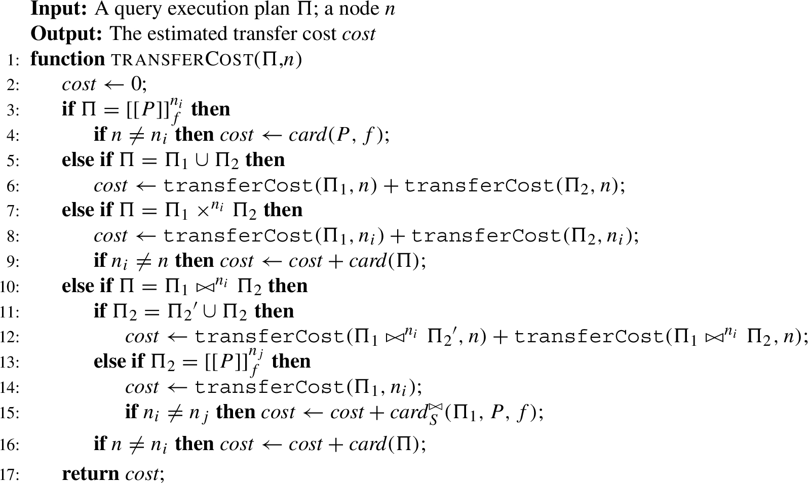 Compute the transfer cost of a query execution plan
