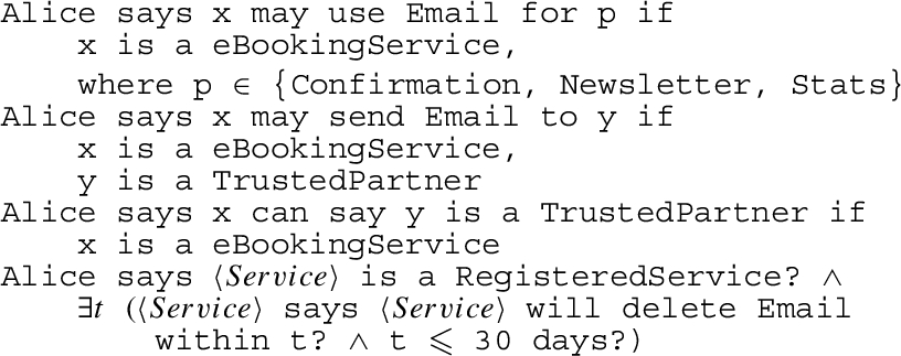 S4P example adapted from [10], which specifies the privacy preferences of Alice regarding the collection of her email address by eBooking services.