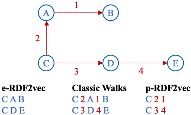 Different walk types visualized, showing walks starting from node C.