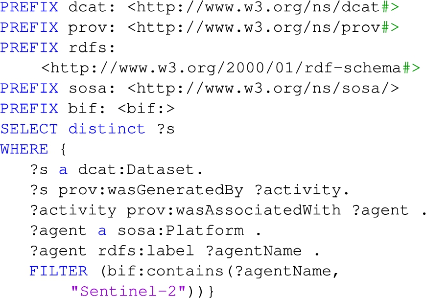 Query 4: retrieves all datasets that were generated by SENTINEL-2 satellites