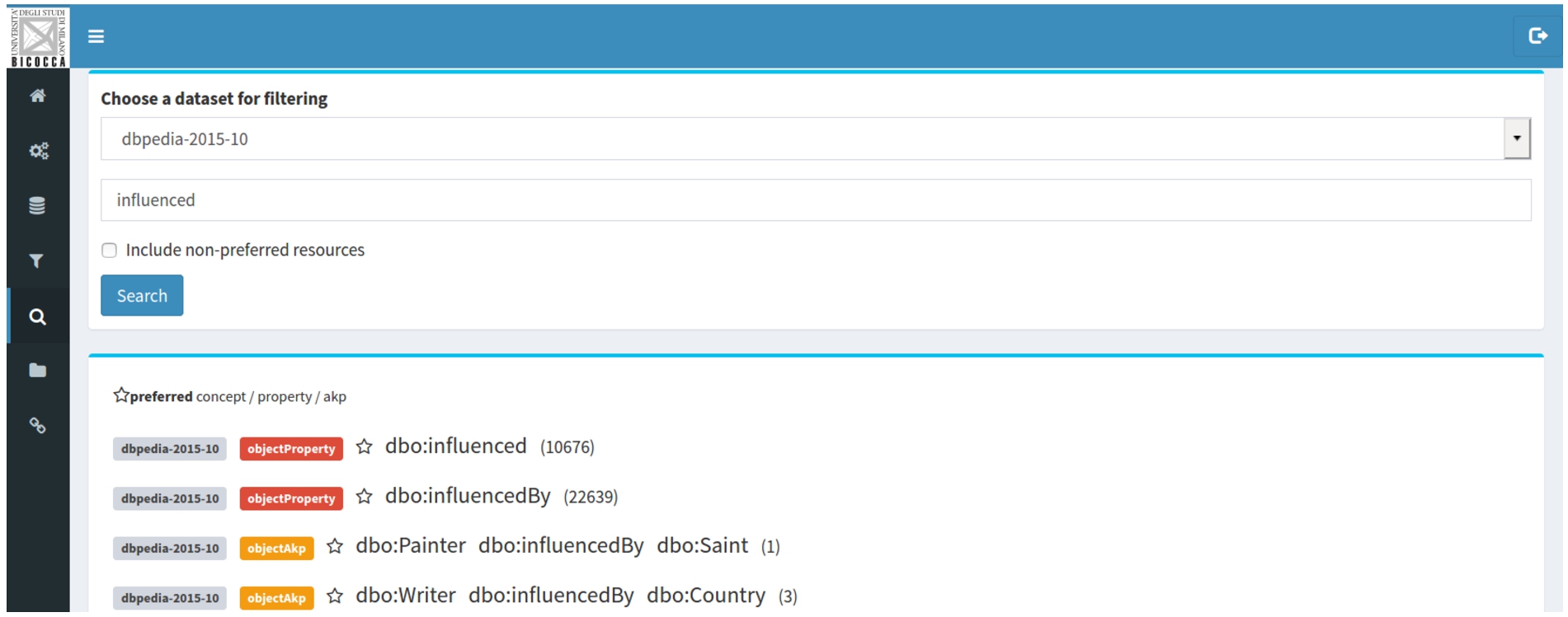 Semantic profile search for DBpedia 2015-10 data set (search GUI).