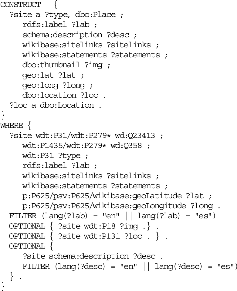 SPARQL CONSTRUCT query for generating a graph of RDF triples about castles with a heritage designation from the Wikidata endpoint