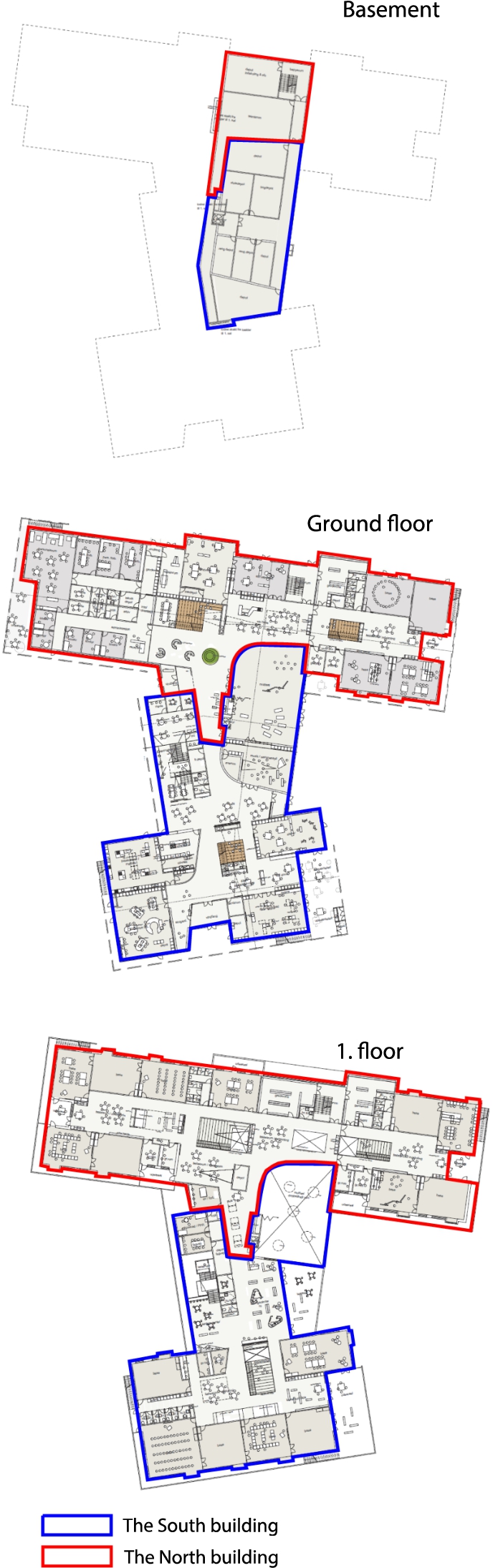 The illustration shows the floor plans of Frederiksberg Skole in Sorø, Denmark. The south building is marked with red, while the north building is marked with blue [50].