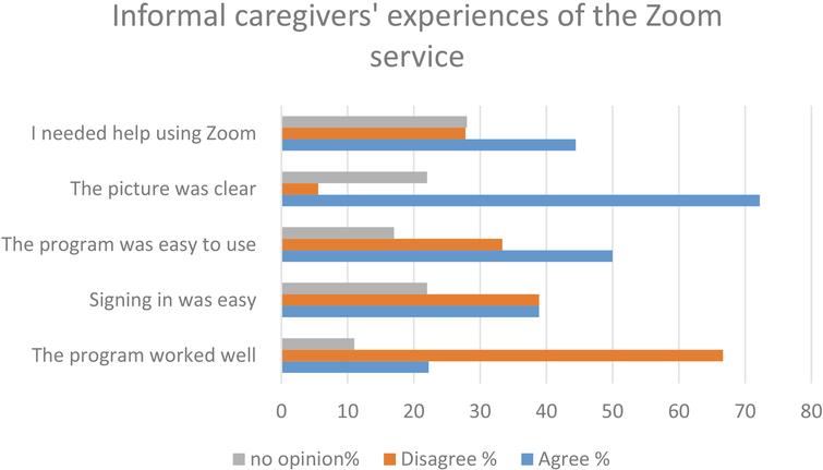 Informal caregivers’ (n= 19) experiences of the Zoom service.