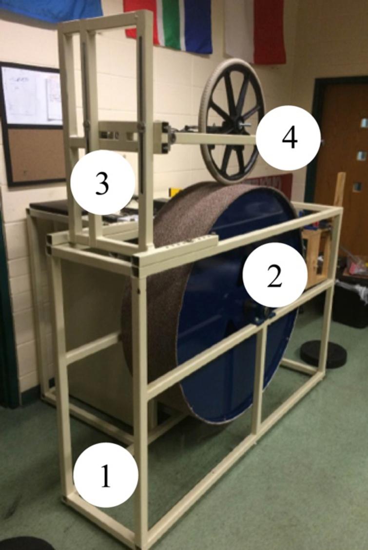 RR testing machine at LeTourneau University (1) Lower frame, (2) Drum, (3) Upper frame, (4) Arm assembly.