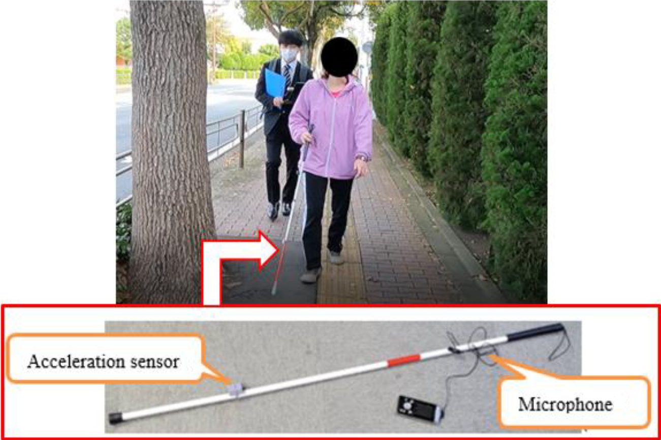 Perspective of the video. The white cane with the attached sensor.