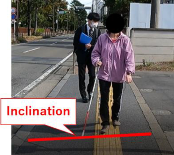 P1 perceives the inclination of the sidewalk and adjusts the movement of the white cane.