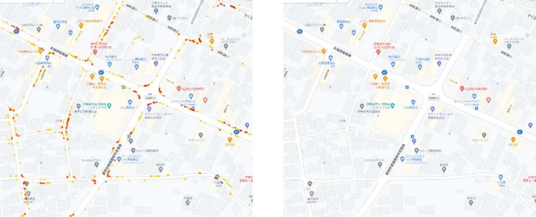 Two types of maps used in the study. (Left: Map with plots showing inaccessibility; Right: Map of the same area without markers).