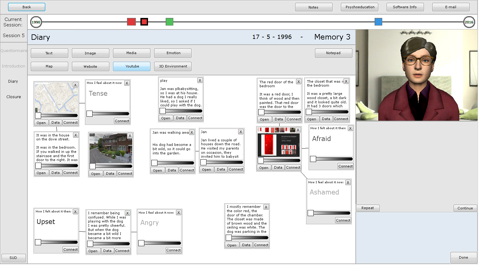 The digital diary filled in with an example memory. The items show text, maps, emotion words and images. The bar at the top shows the memory on a timeline. The virtual agent is shown on the right. This screenshot is translated into English; all participants worked with the original Dutch version.