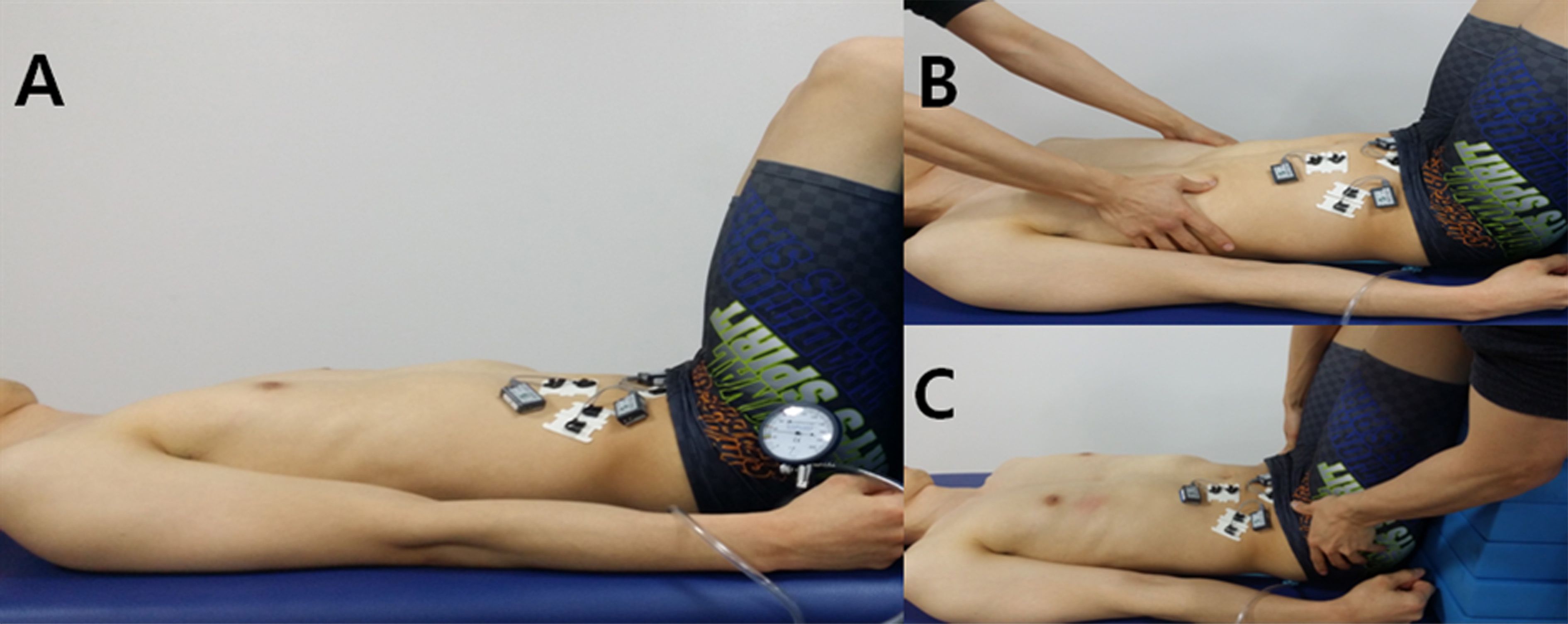 Exercises were implemented with participants lying supine with 90∘ hip and knee flexion, with the PBU under the lumbar spine. Three positions were used – A: resting position (crook lying), B: DNS, C: NDT.