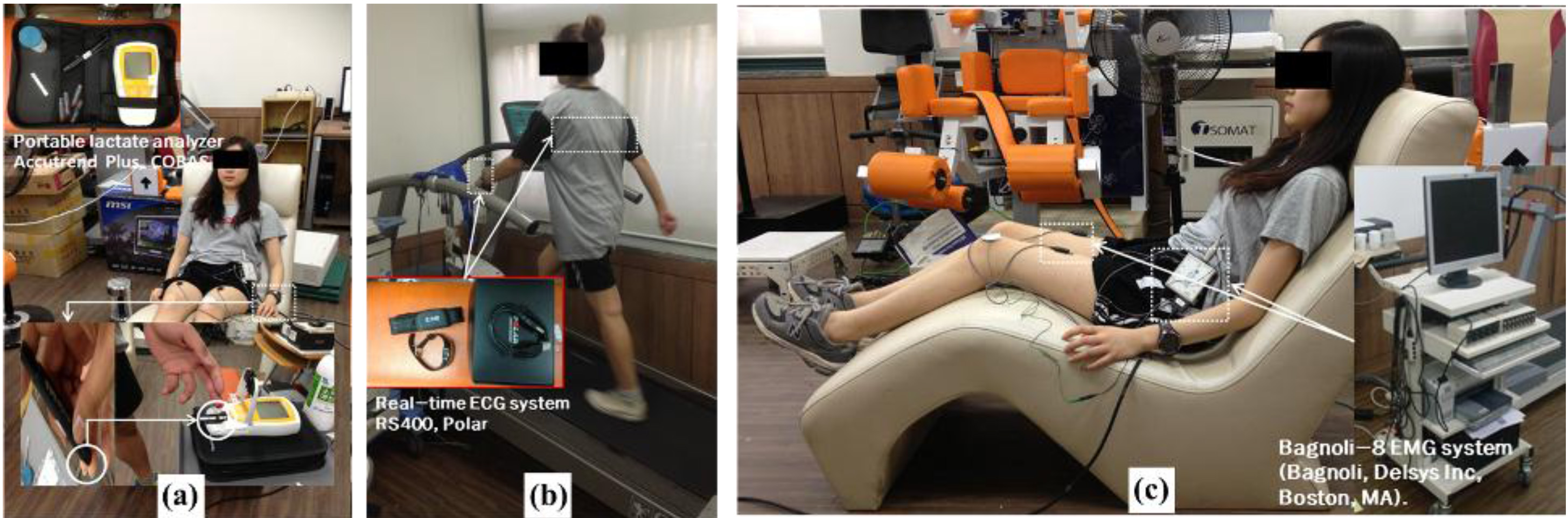 Measurement performed in all sessions (a): measurement of blood lactate levels using a portable lactate analyzer, (b): measurement of HRR using a real-time ECG system, (c): measurement of SEF 50 for muscular activity using a real-time EMG system (Bagnoli, Delsys Inc., Boston, MA).