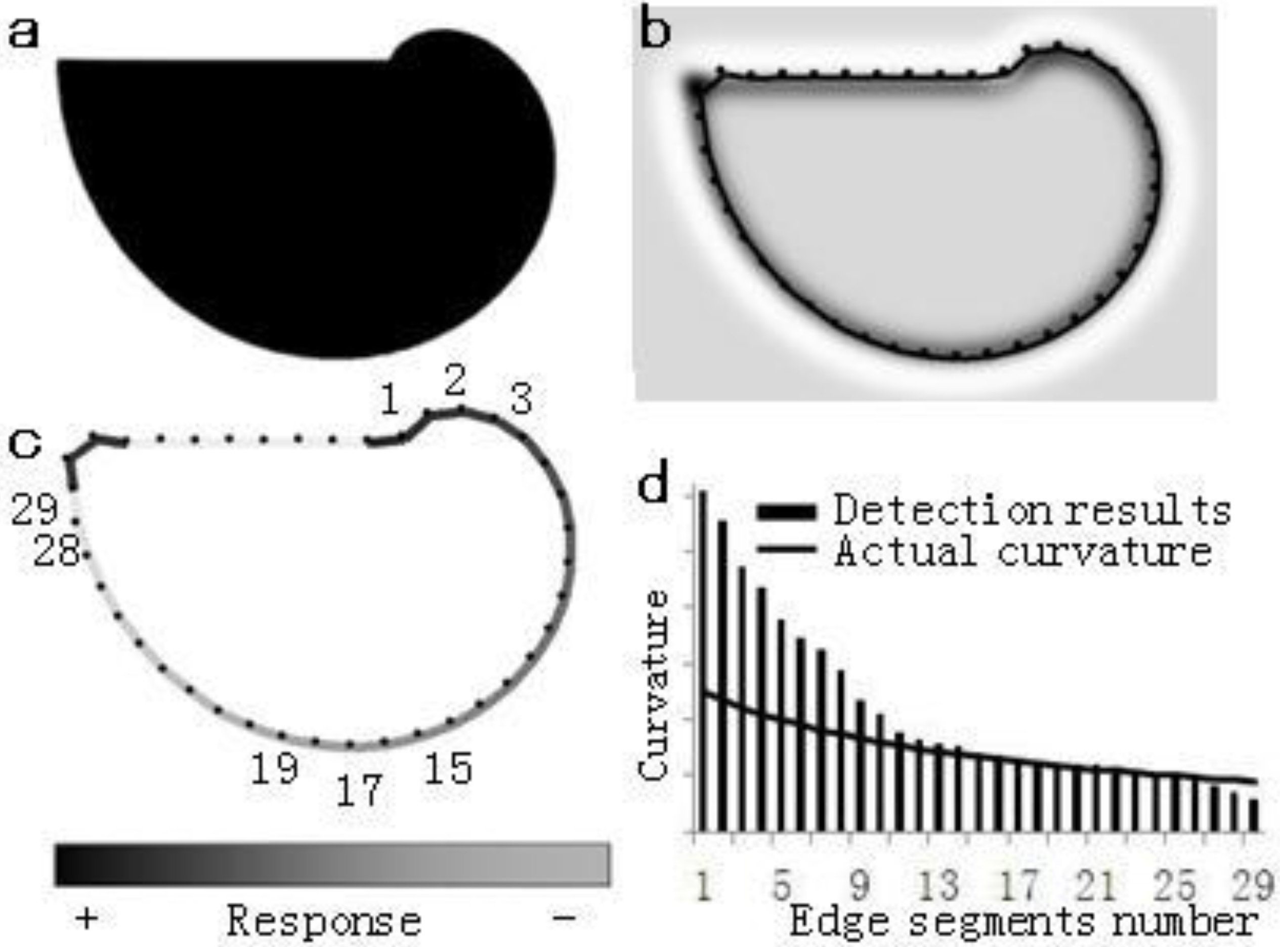 The results of curvature detection. (a) The Spiral pattern of gradient of curvature, with radius ranging from 40 to 320 pixels. (b) Contour detection results (spatial-frequency-tuned channels = 4.4 cycle/deg). (c) The response values of differential cells in each position of edge segments. (d) The results of curvature detection in each position of edge segments (CV3 receptive field).