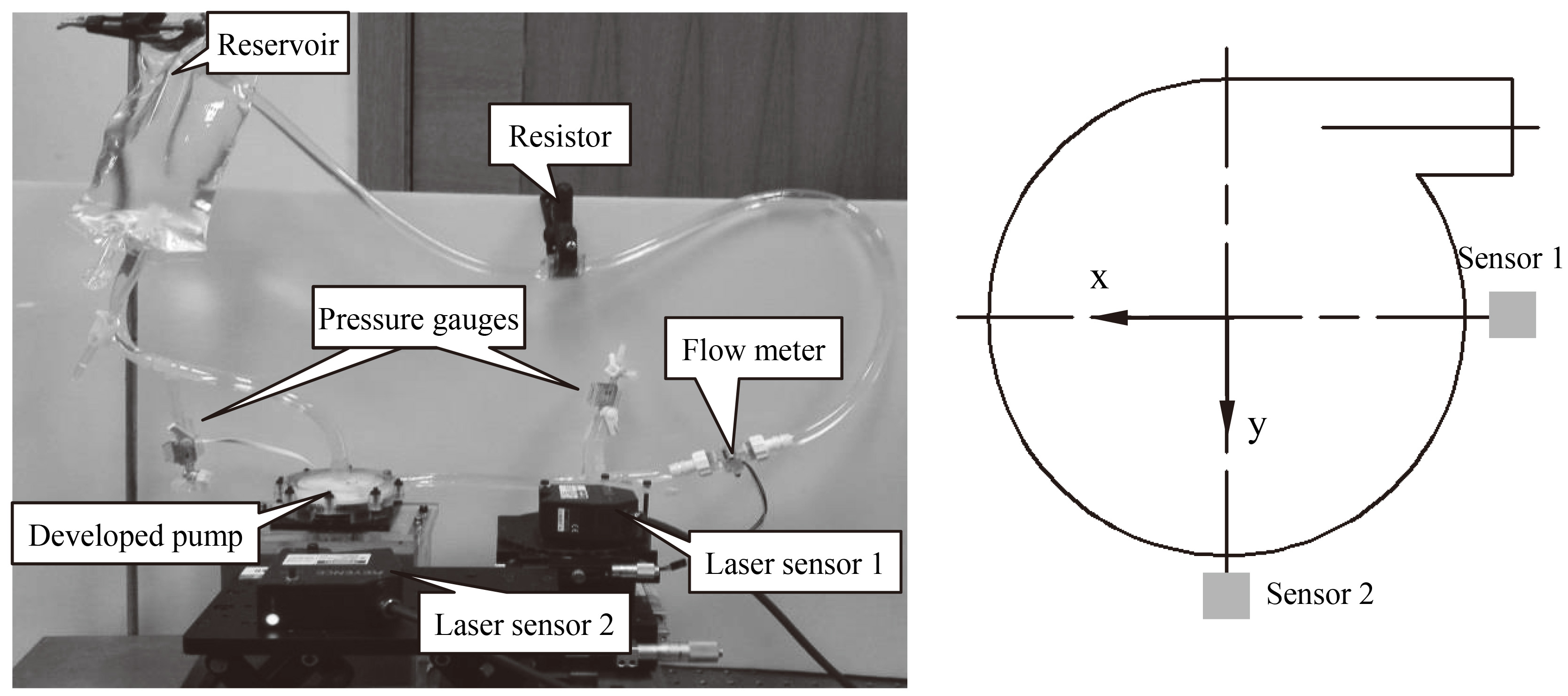 Measurement system for measuring the impeller trajectory using two laser displacement sensors.