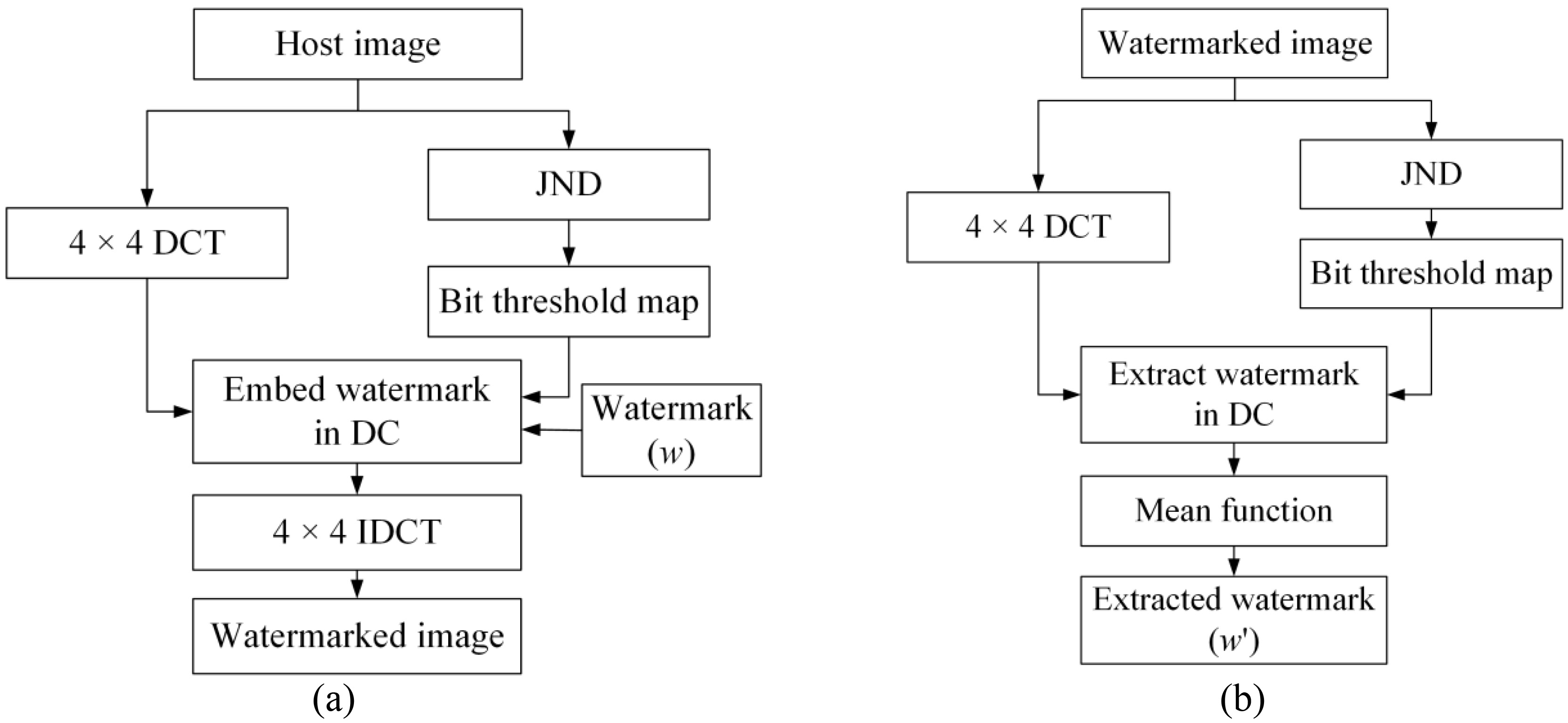 Block diagram of the proposed medical image watermarking process: (a) embedding process, (b) detecting process.