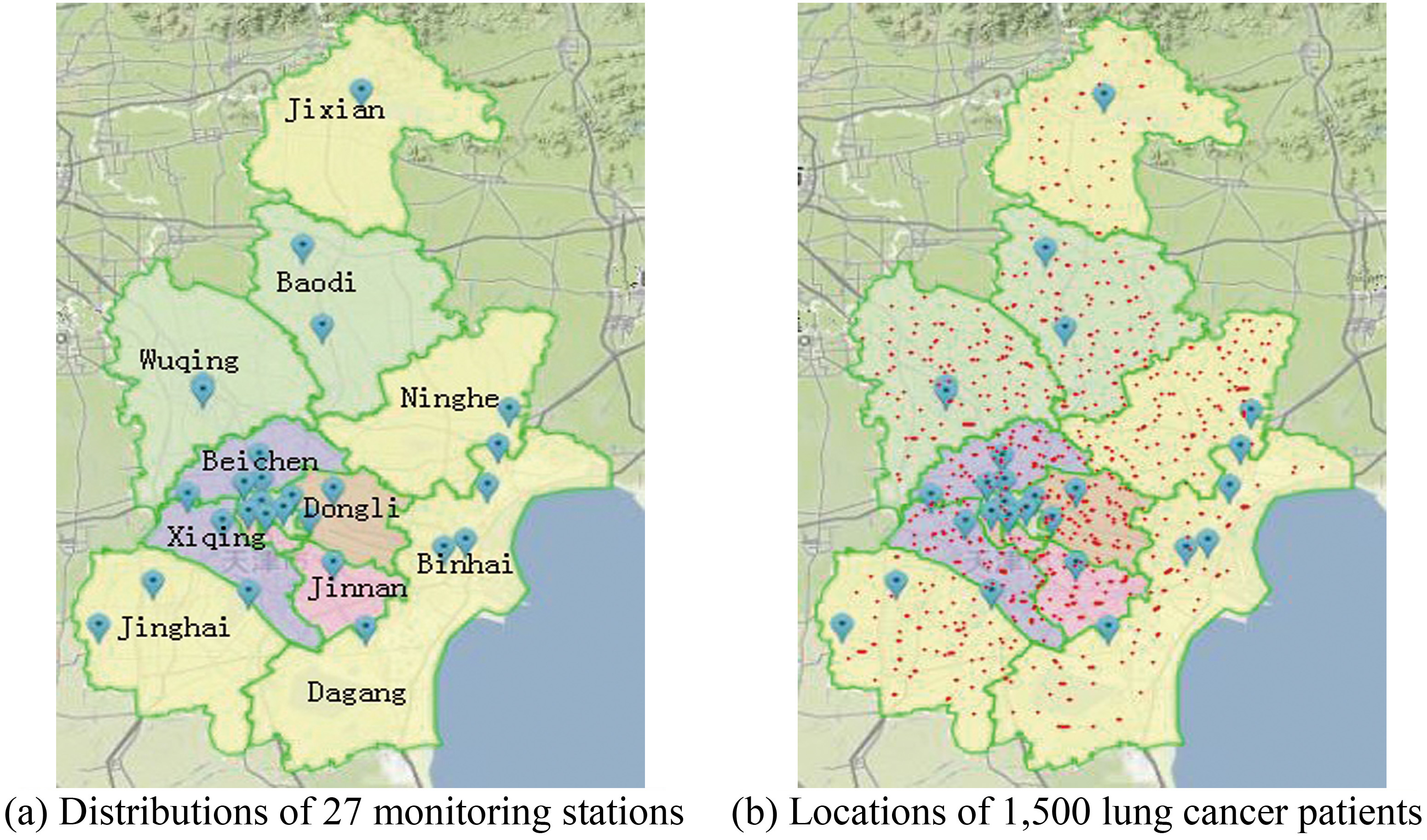 Twenty-seven air quality monitoring stations distributed throughout Tianjin (a) and locations of 1,500 lung cancer patients around these air quality monitoring stations (b).