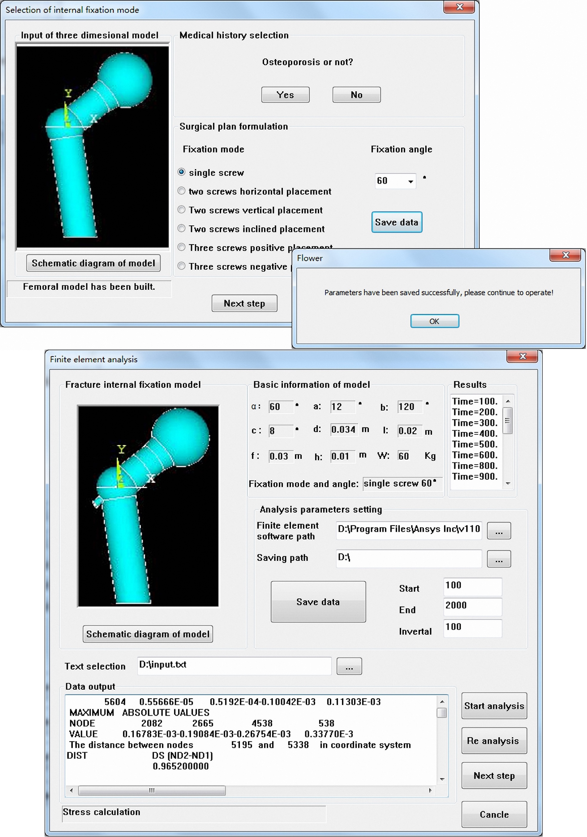 Selection interface for internal fixation mode and finite element analysis interface.