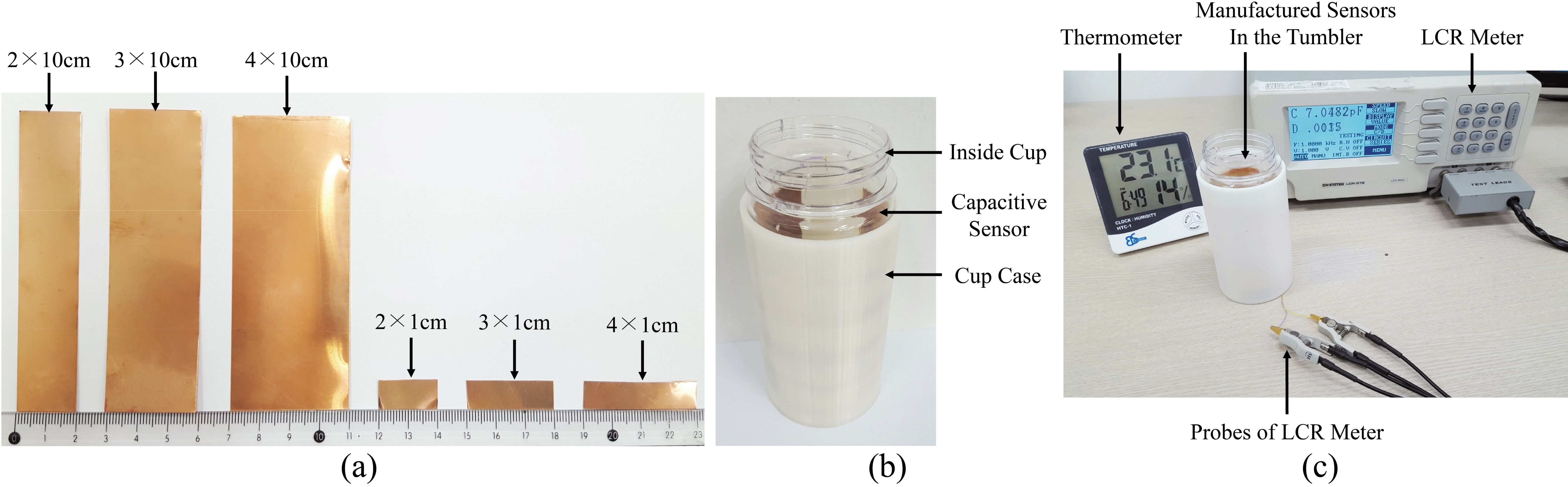 Pictures of the fabricated capacitive sensor assembled with the tumbler to conduct the performance test. (a) Manufactured variety width of electrodes for capacitive sensor; (b) capacitive sensor assembled in the tumbler; (c) assembled tumbler connected with an LCR to acquire the capacitance value.