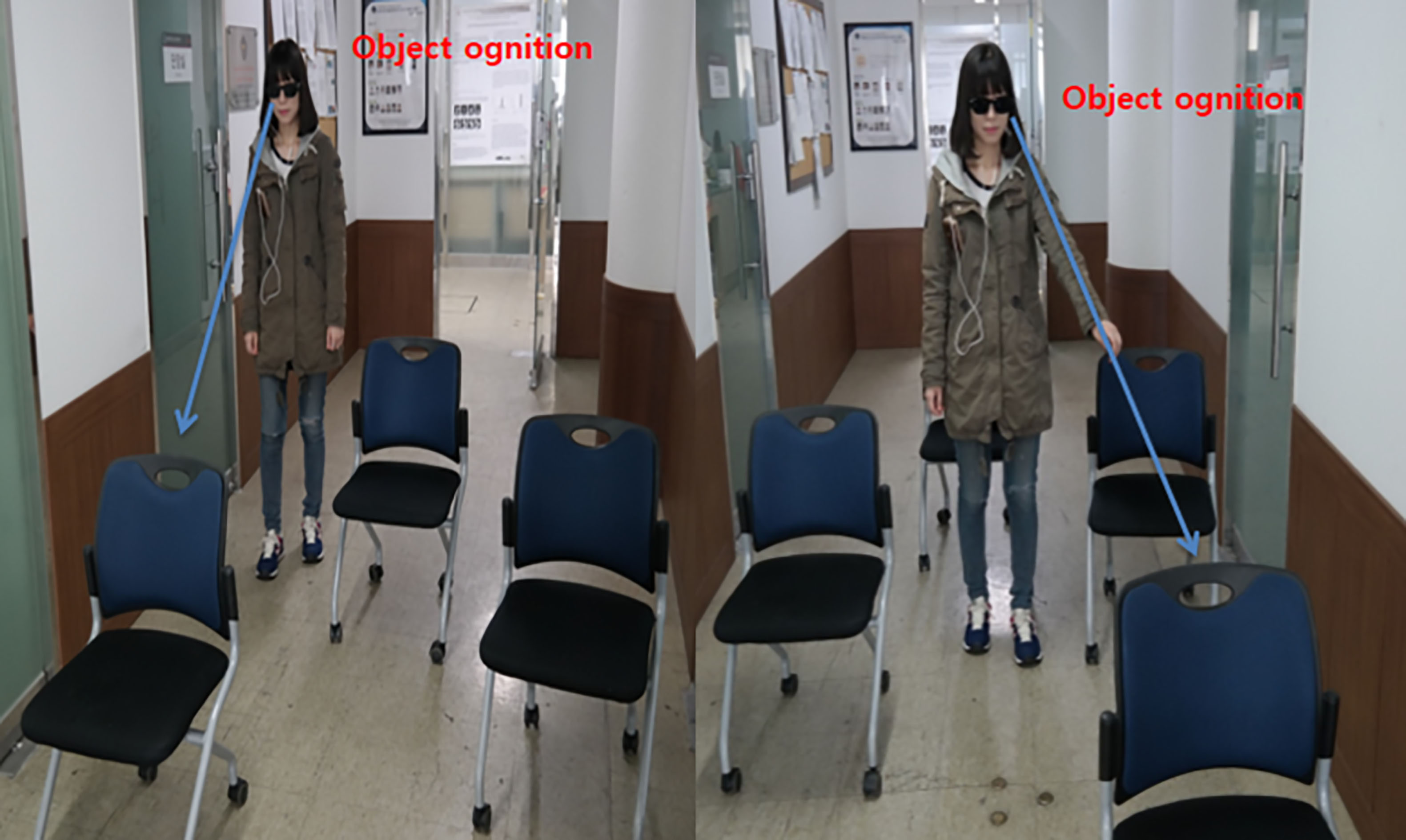 Subject wearing Visual System and passing obstacles while being aware of the objects.