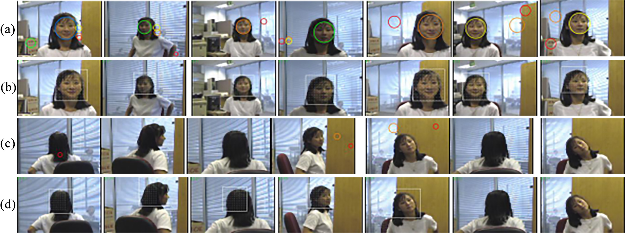 Face detection with V&J and V&J + TLD on BMP: a and b. false positive tests; c and d. false negative tests.