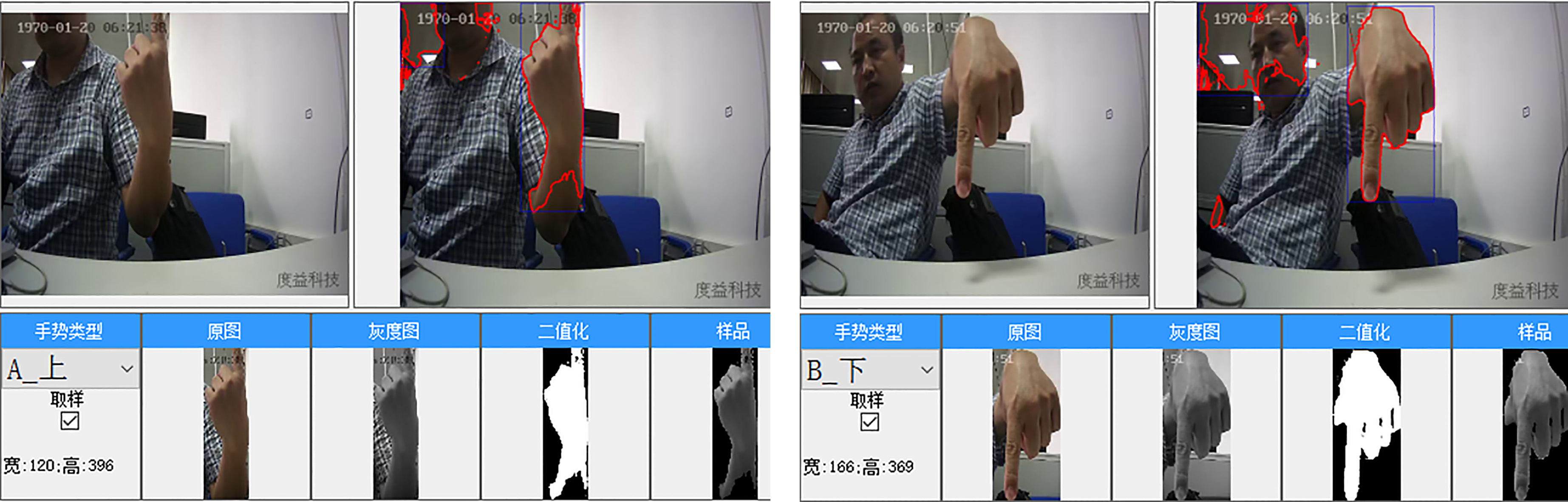 Hand detection using skin-color algorithm.