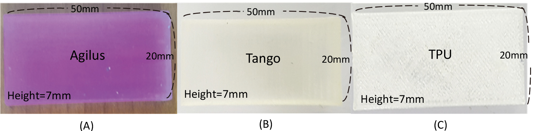Agilus, Tango, and TPU sample (A) Agilus sample are 50 mm wide, 20 mm long, and 7 mm height (B) Tango sample are 50 mm wide, 20 mm long, 7 mm height (C) TPU sample are 50 mm wide, 20 mm long, and height 7 mm.